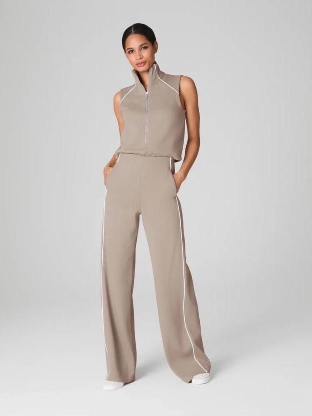 SPANX Sleeveless Fleece Jumpsuit in Taupe with White Piping